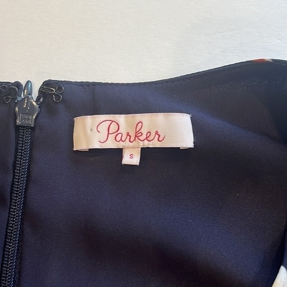 Parker Floral Navy Blue Flounce A-Line Dress Deep V-Neck - Picture 8 of 10